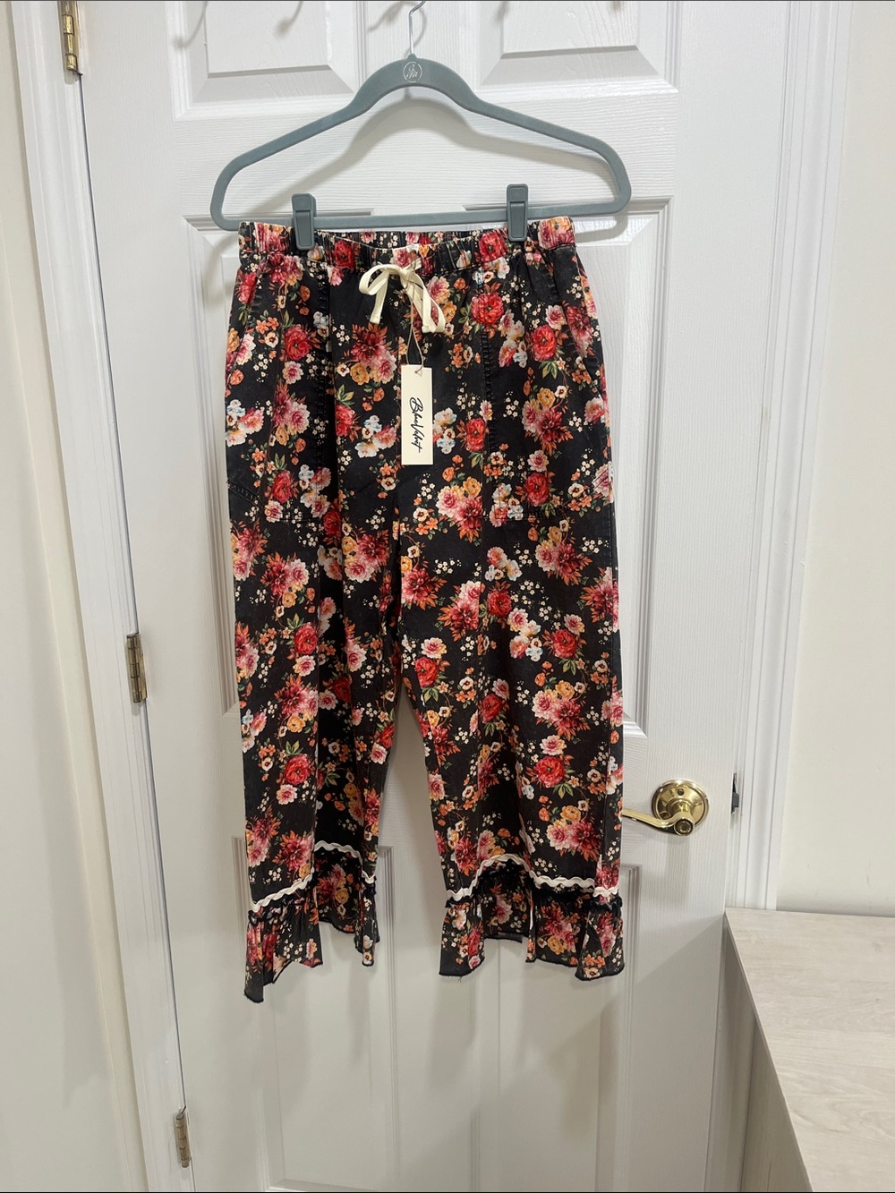 Black Floral Ruffle Pants with Red & Pink Flowers